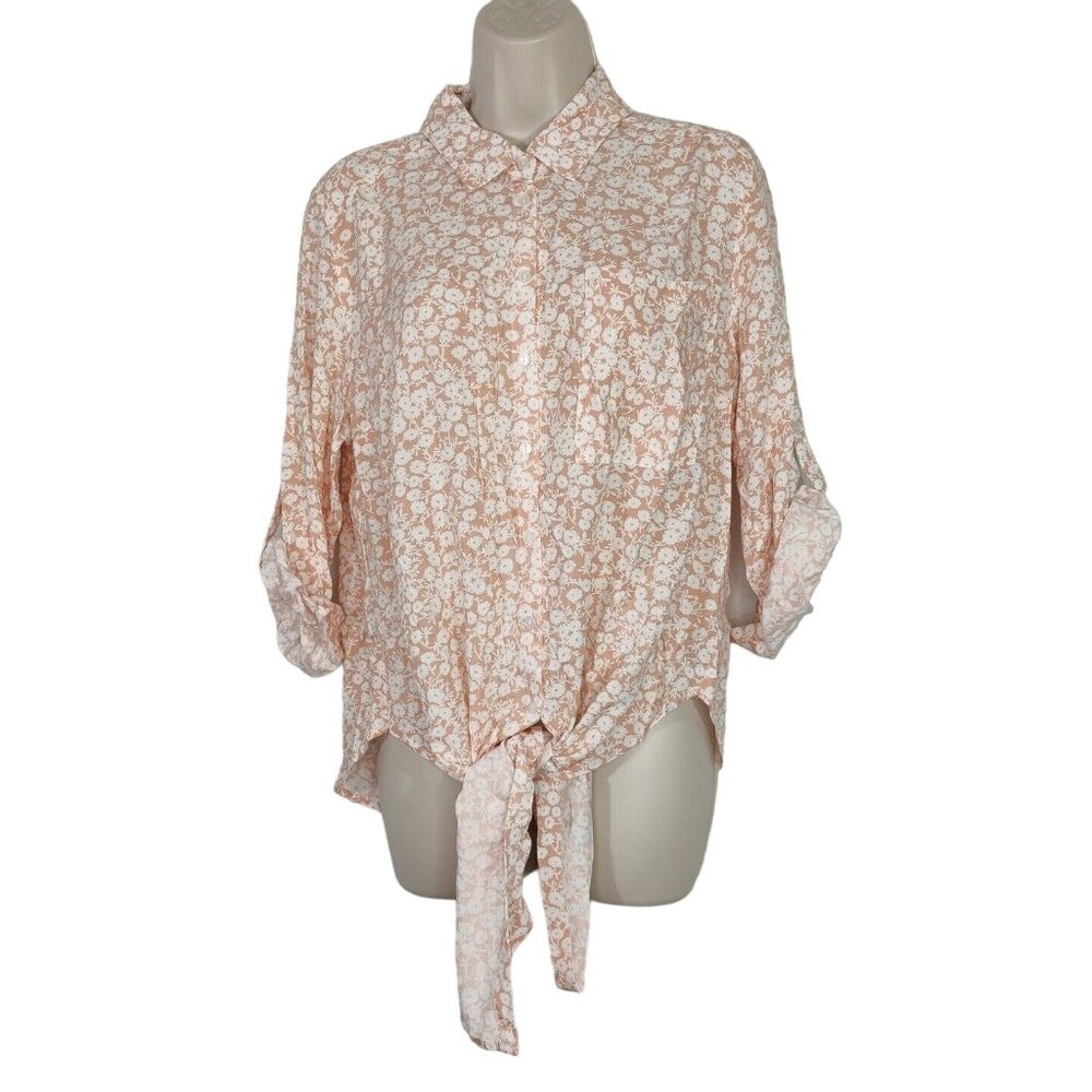 Lost Wander Button Up Tie Front Top Women Size S Pink White Floral 3/4 Sleeve - Picture 1 of 9